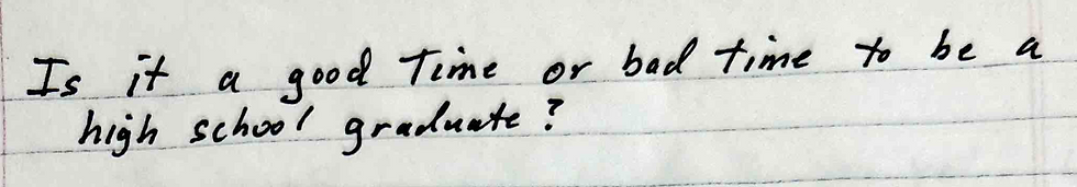 Handwritten text on lined paper reads, "Is it a good time or bad time to be a high school graduate?" in dark ink.