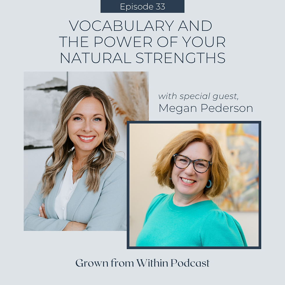 Podcast promo for Episode 33: Vocabulary and the Power of Your Natural Strengths, featuring Megan Pederson from Grown from Within Podcast.