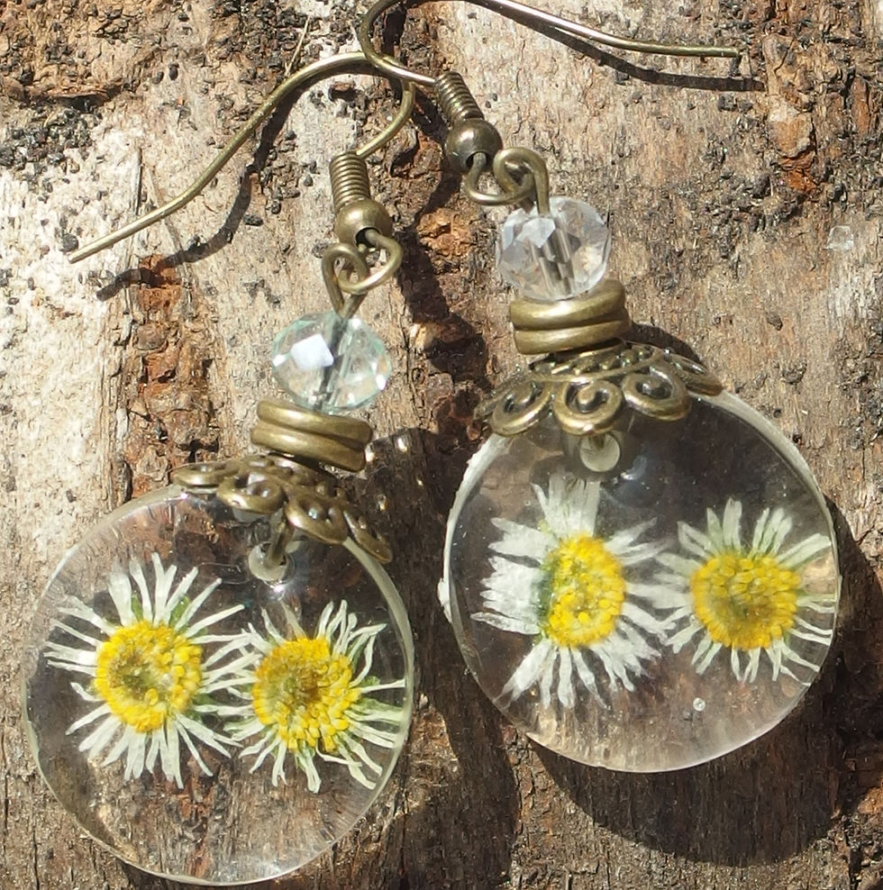 Miniature : Boucles d'oreilles artisanales duo de fleurs et résine