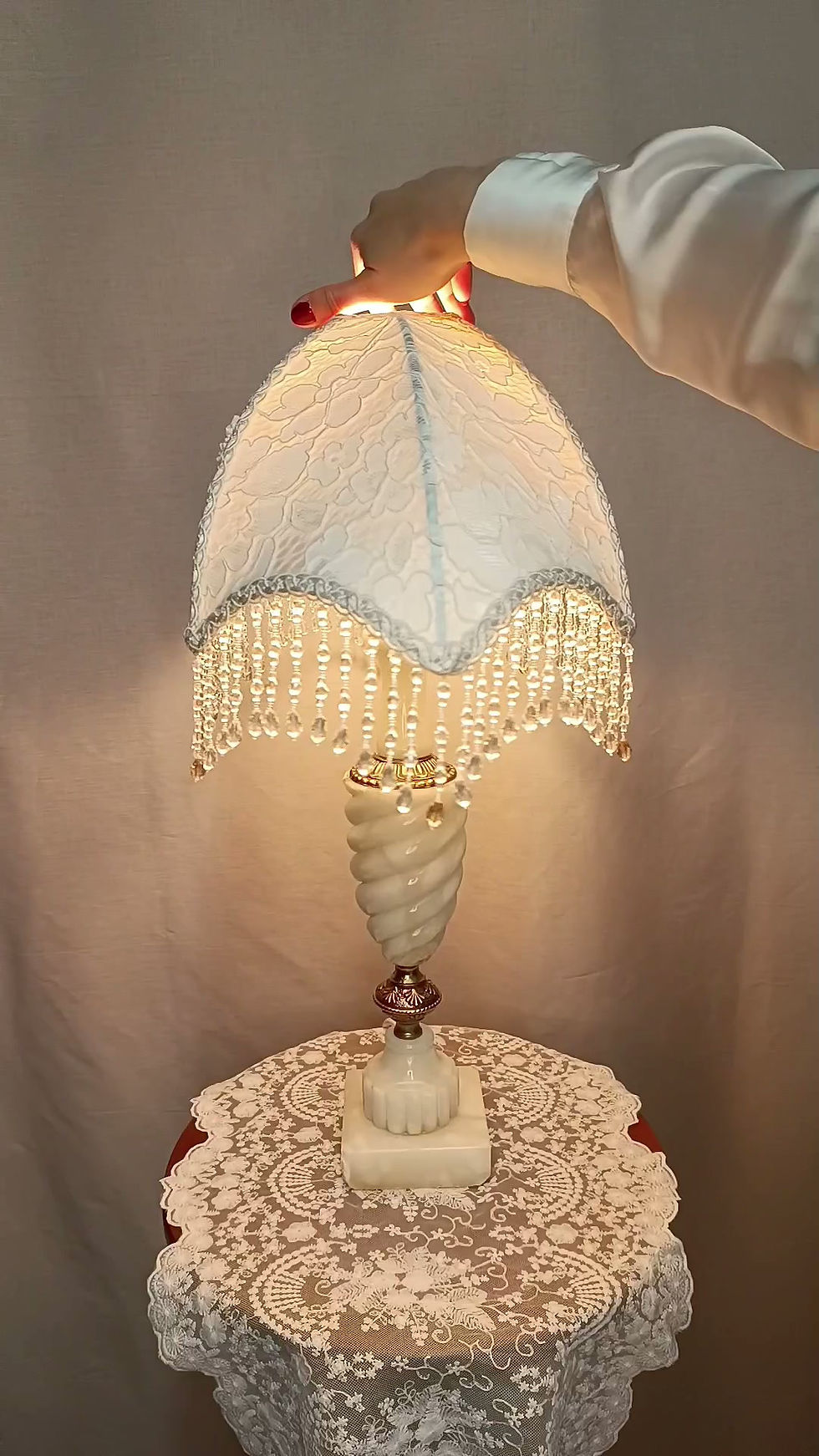 Thumbnail: Althéa — Silk Lampshade with Glass Beads on Antique Alabaster Base