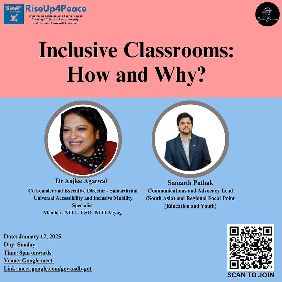 A vibrant illustration of an inclusive classroom featuring happy Indian children with diverse disabilities. The scene includes a child in a wheelchair, another with a prosthetic leg, and one with hearing aids, interacting joyfully with their peers. The classroom is colorful, adorned with educational posters and creative materials, while children engage in activities like drawing and writing. A smiling teacher is guiding the group, fostering a sense of unity and equality, highlighting the importance of inclusive education.