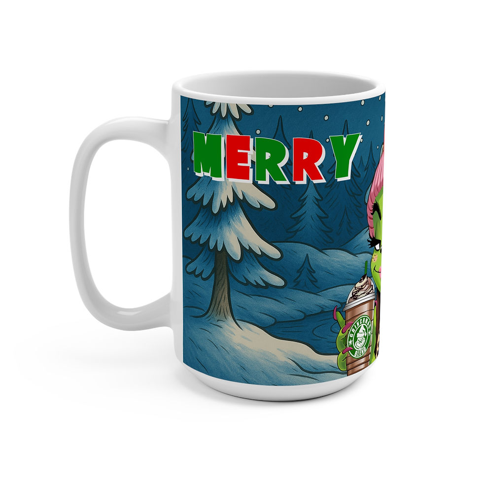 Thumbnail: Sassy Grinch Girl Mug | 15oz Christmas Coffee Cup, Leopard Beanie Design