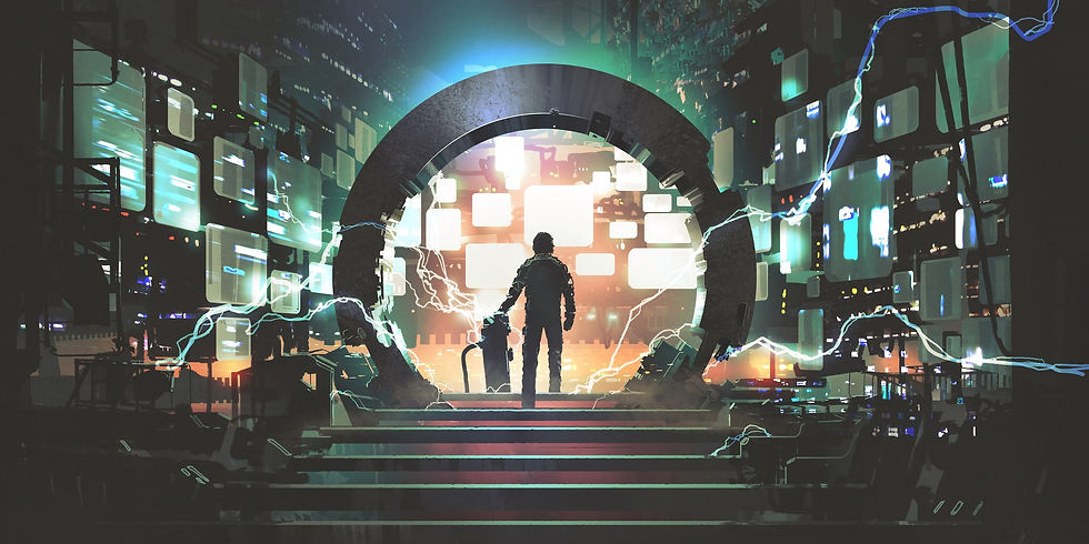 Man standing in the center of a digital gateway representing B2B sales and distribution