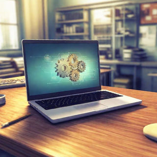 Illustration of gears turning on a laptop screen