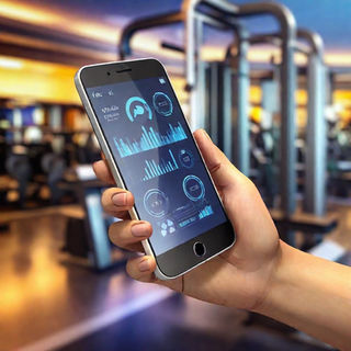 Illustration of a hand holding a mobile phone in a gym