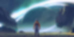 Man in a space suit looking out towards a giant ringed planet in the distance
