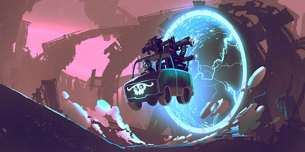 a cartoon style vehicle emerging from a portal representing creative entertainment development
