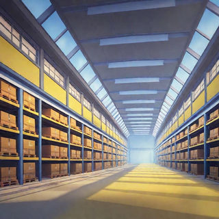 Illustrated warehouse with boxes on shelves.