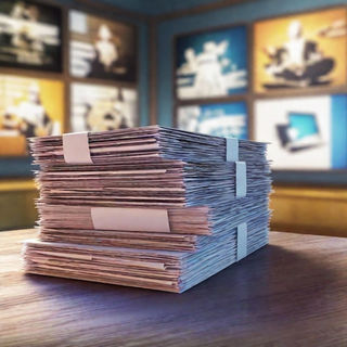 Illustration of a stack of documents with video screens in the background