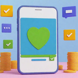 Illustrated mobile app with icons orbiting a mobile phone