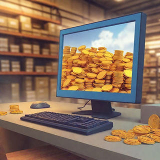 Illustrated computer monitor with gold coins displayed