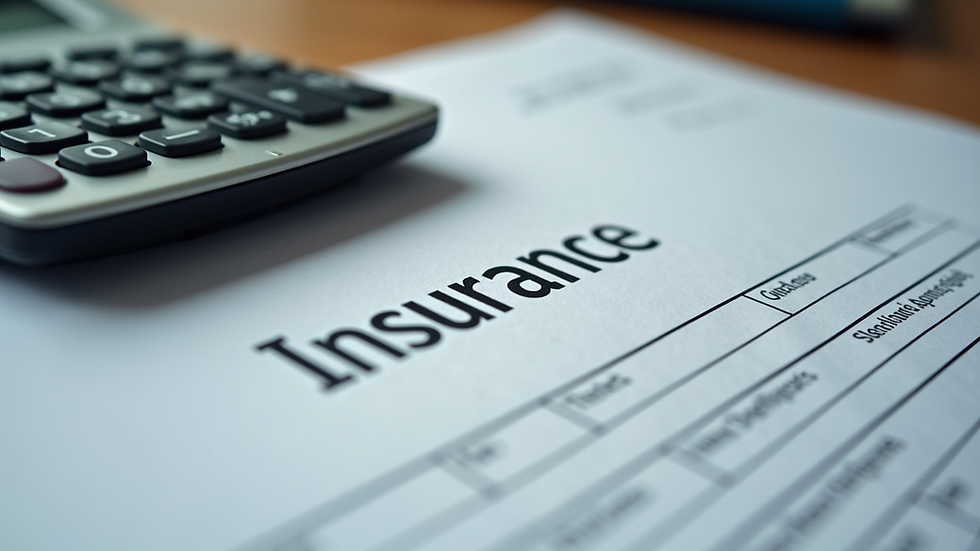 High angle view of a calculator and insurance forms on a table