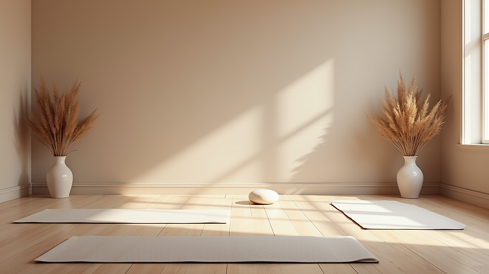Eye-level view of a serene yoga space with mats and calming decor