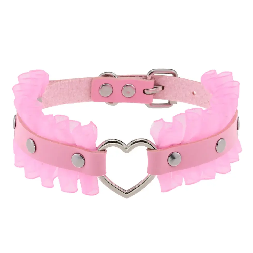 Thumbnail: DIEZI Trendy Punk Pink Lace Leather Choker Necklace for Women Men Torques