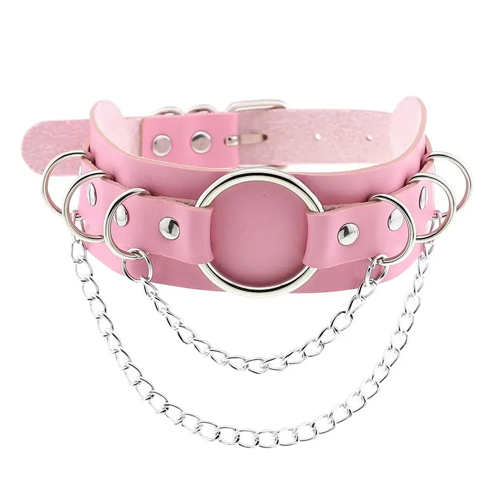 Thumbnail: DIEZI Trendy Punk Pink Lace Leather Choker Necklace for Women Men Torques