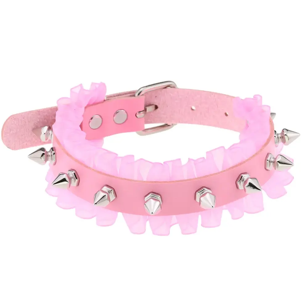 Thumbnail: DIEZI Trendy Punk Pink Lace Leather Choker Necklace for Women Men Torques