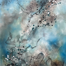 Detail of large abstract acrylic art with demonstrating use of acrylic inks and charcoal overlays