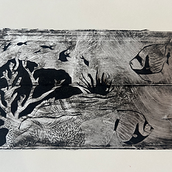 Tetra pak printing using intaglio ink and etching press from adult art class
