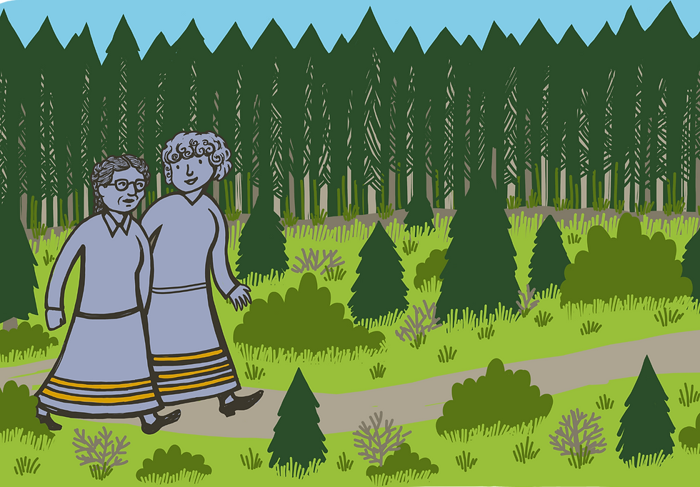 Two women wearing ribbon skirts, walking alongside one another, on a path outside, in a wooded area.