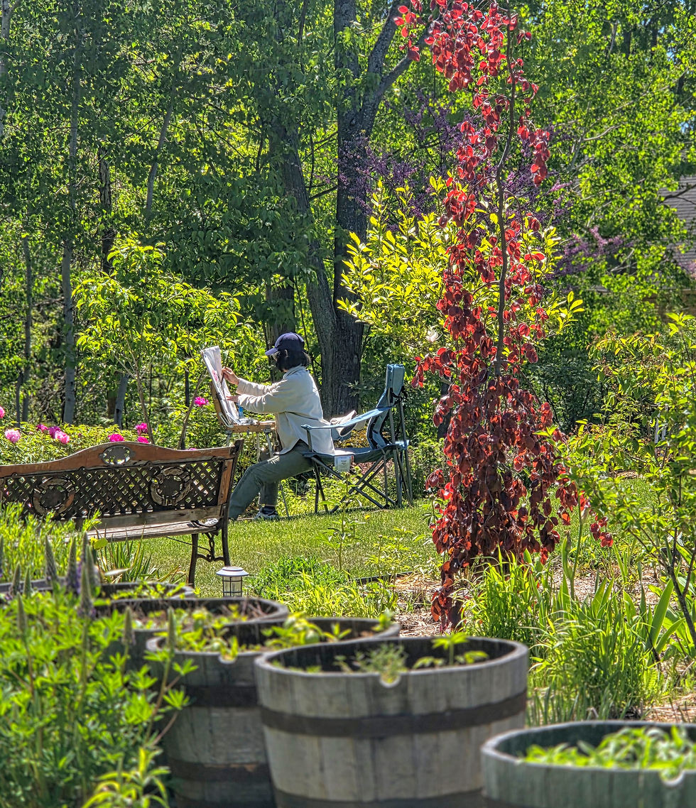 Expansive lawn and garden vistas at Ginkgo Footprints, with mature trees, flowering borders, a garden swing, and an artist arriving to paint during a special plein air gathering.