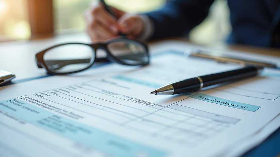 Close-up view of a tax form with a pen and glasses