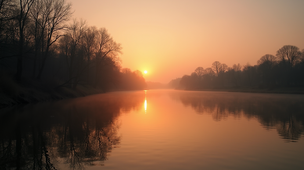 Wide angle view of a peaceful river during sunset