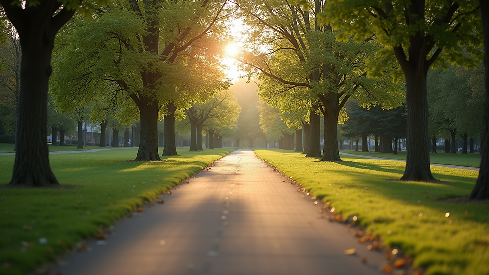 Eye-level view of a serene park with a walking path