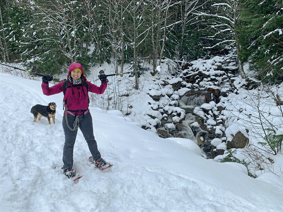 Smiling woman in pink snowshoes with trekking poles stands in snowy forest; dog behind her near a frozen stream.