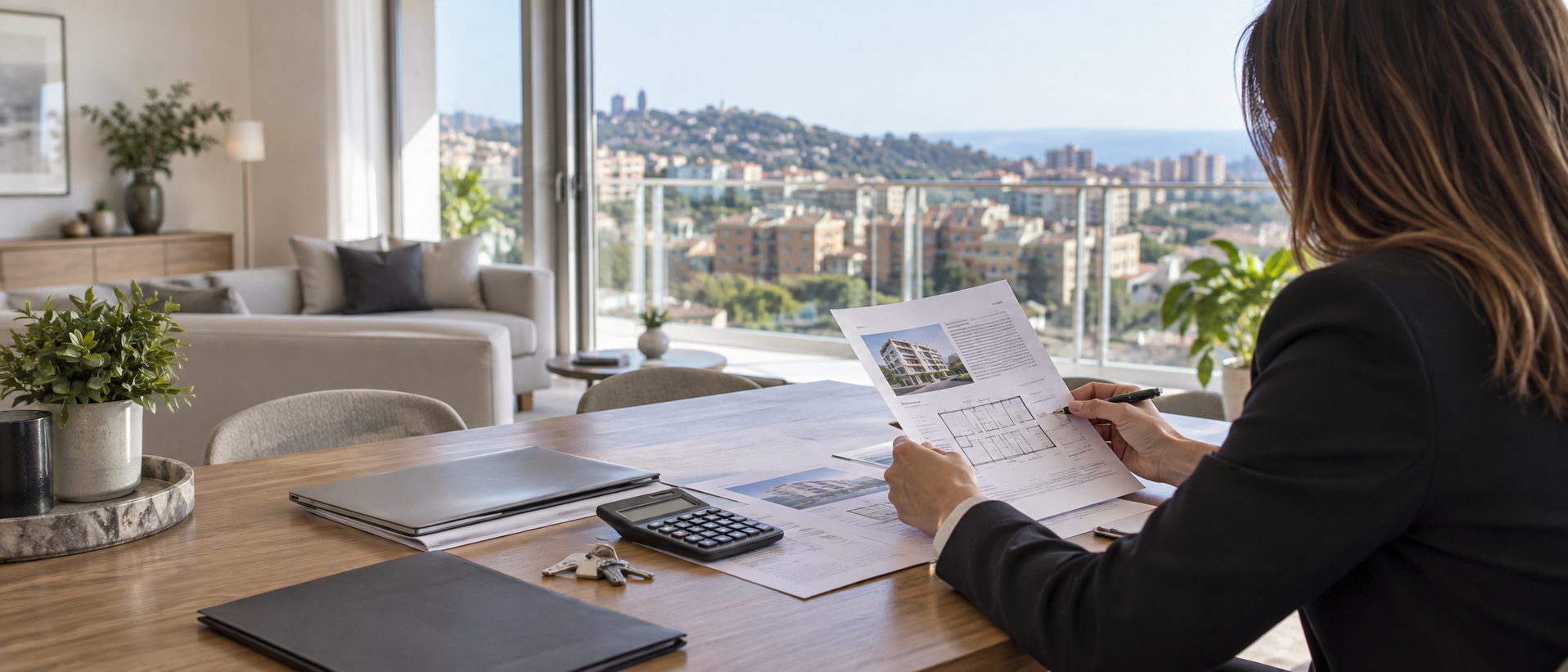 en un despacho con vistas a la ciudad viendo un documento de valoración inmobiliaria gratuita