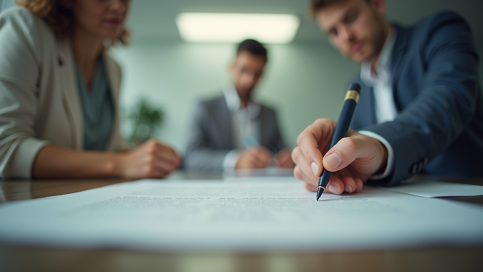 Plano detalle de contrato de seguro con bolígrafo sobre mesa