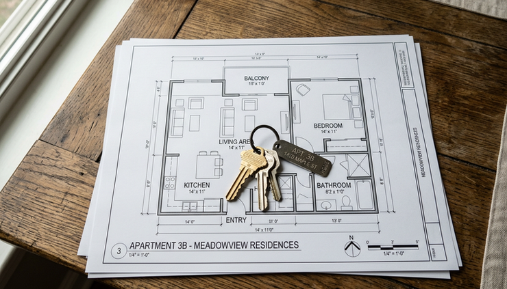 Vista cenital de unas llaves sobre planos de una vivienda.