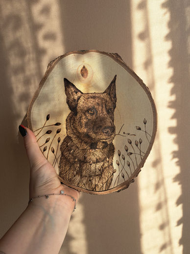 portrait de chien en pyrogravure