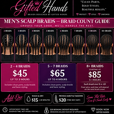Gifted Hands men's Scalp Braids braid count guide showing 2 through 10+ braid examples and pricing.
