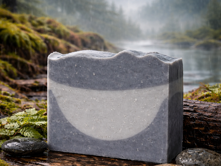 Handmade Mountain Rain soap by Sarcastic Narwhal styled in a misty Pacific Northwest forest setting