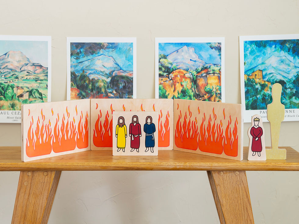 Shadrach, Meshach, and Abednego painted wooden figures with fire.