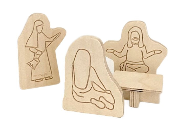 wooden figure set of Bible Story Jesus visits Mary and Martha