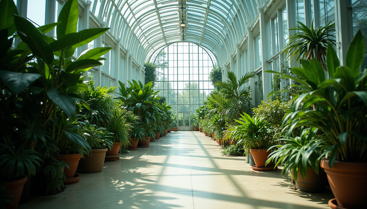 Eye-level view of Lincoln Park Conservatory’s glass structure surrounded by tropical plants