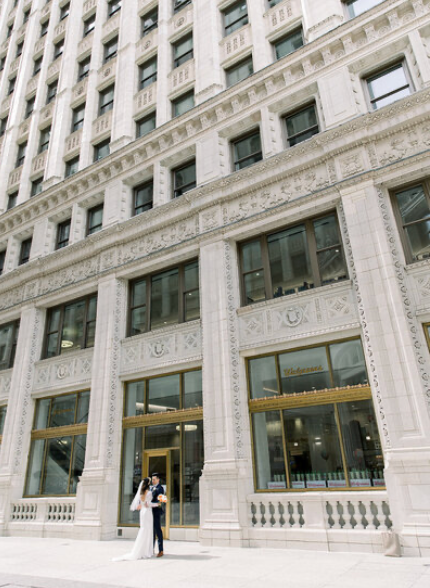 A bride and groom in downtown Chicago