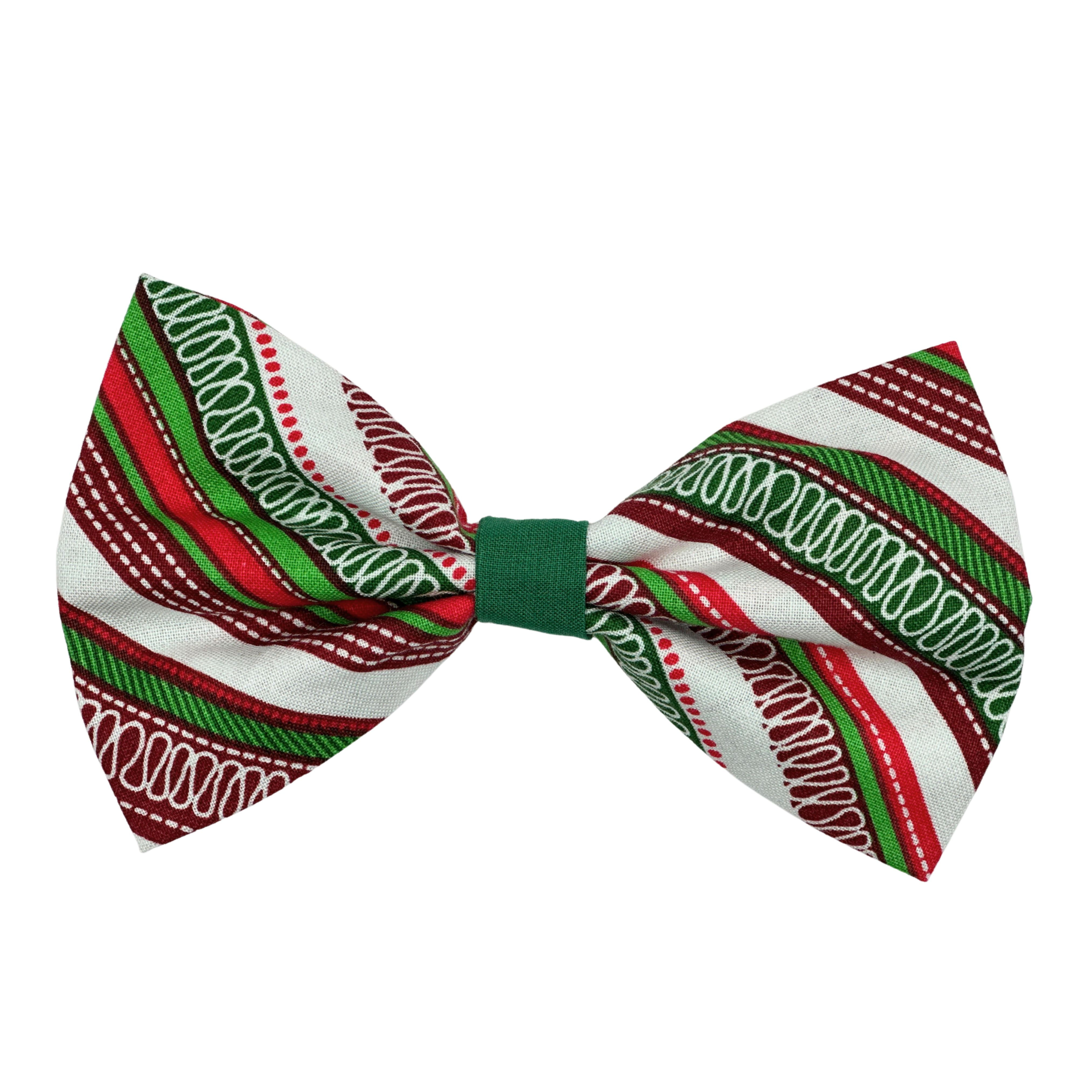 Red, green, and white striped holiday dog bow tie with a green center band.