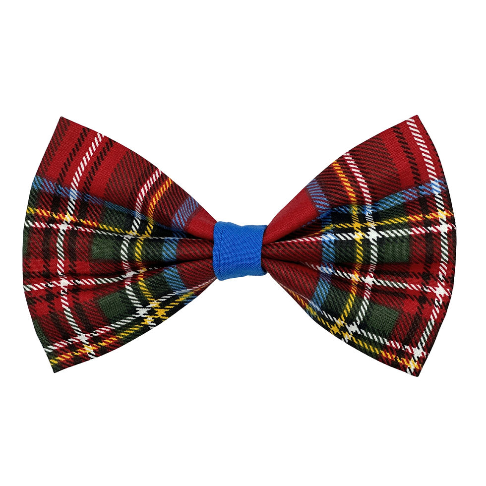 Traditional multicolor tartan dog bow tie in red, green, blue, and gold with blue center band.