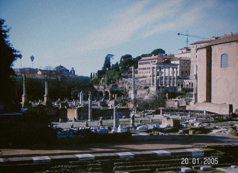 View of the Roman Forum ruins and ancient columns in Rome, Italy.