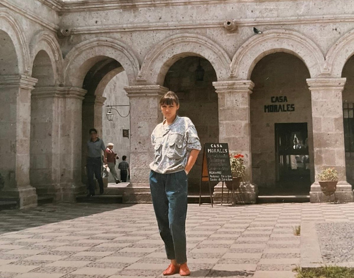 Lana Repina in Peru wearing a garment she made.