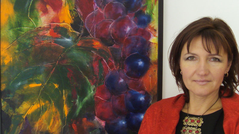 Artist Lana Repina at her exhibition in Gamla Stan, Stockholm, Sweden.