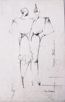 Hand-drawn fashion sketch by Lana Repina showing two outfit designs with structured shoulders and belted waists.