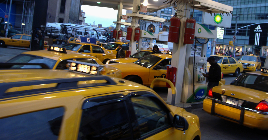 Yellow taxis on the streets of New York City.