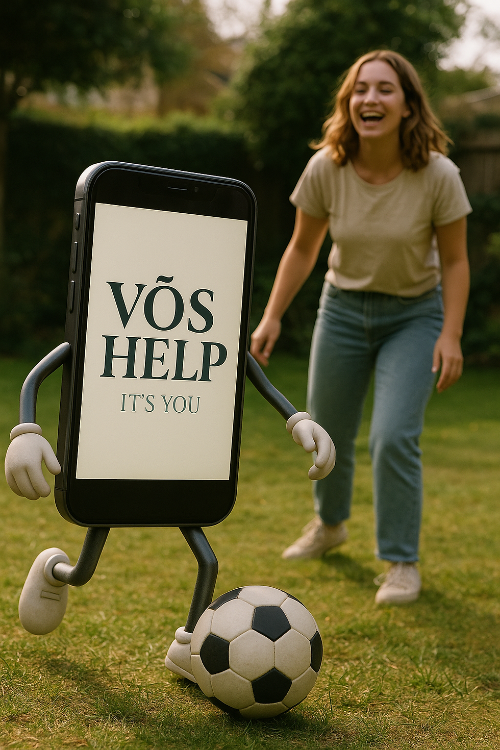 a phone kicking a ball in a garden with a woman