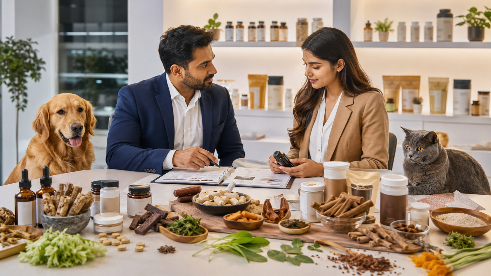 Pet brand entrepreneur reviewing formulations, packaging samples, and product documentation with a private label pet supplement manufacturer during a business consultation.