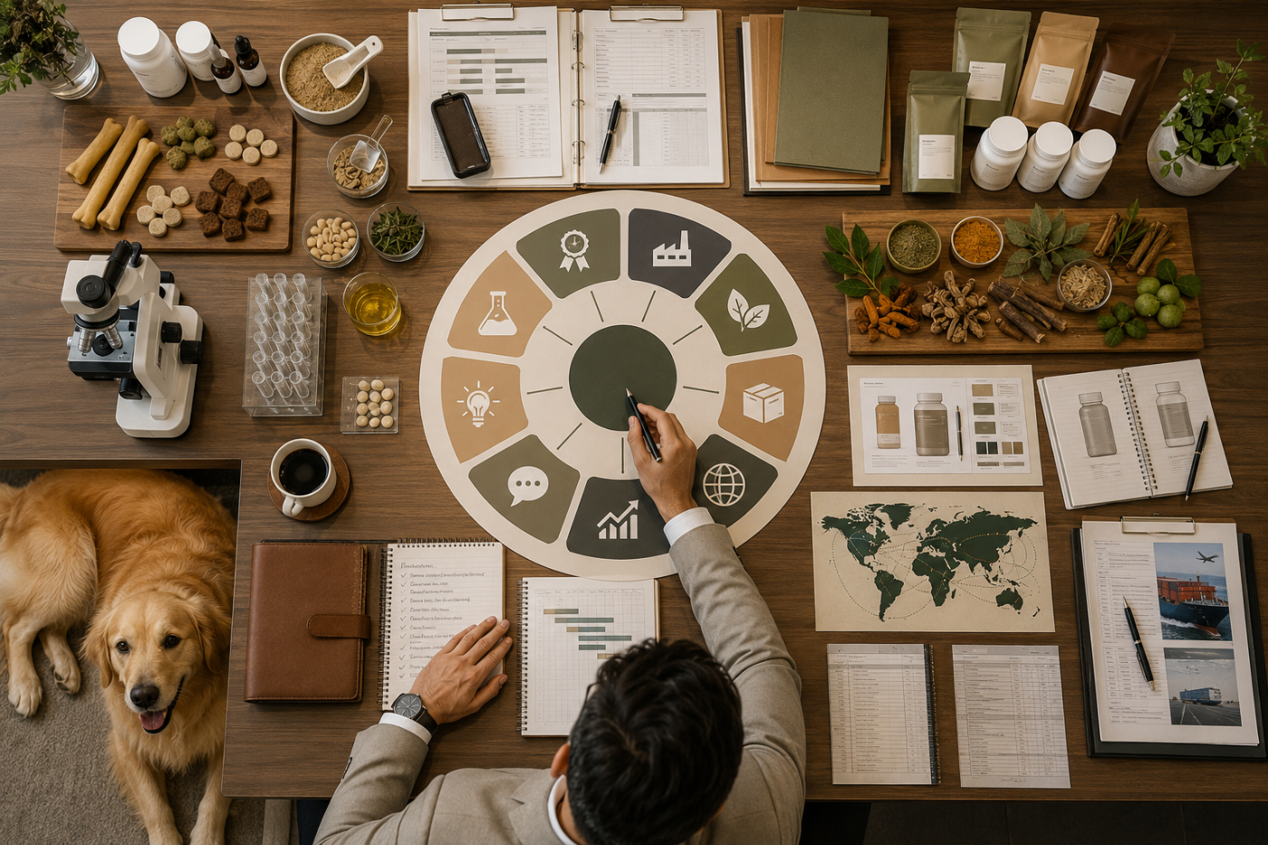 Executive decision-making workspace displaying a comprehensive manufacturer evaluation framework with quality documents, packaging samples, export planning, product testing, and strategic business criteria for selecting a private label pet supplement manufacturer.