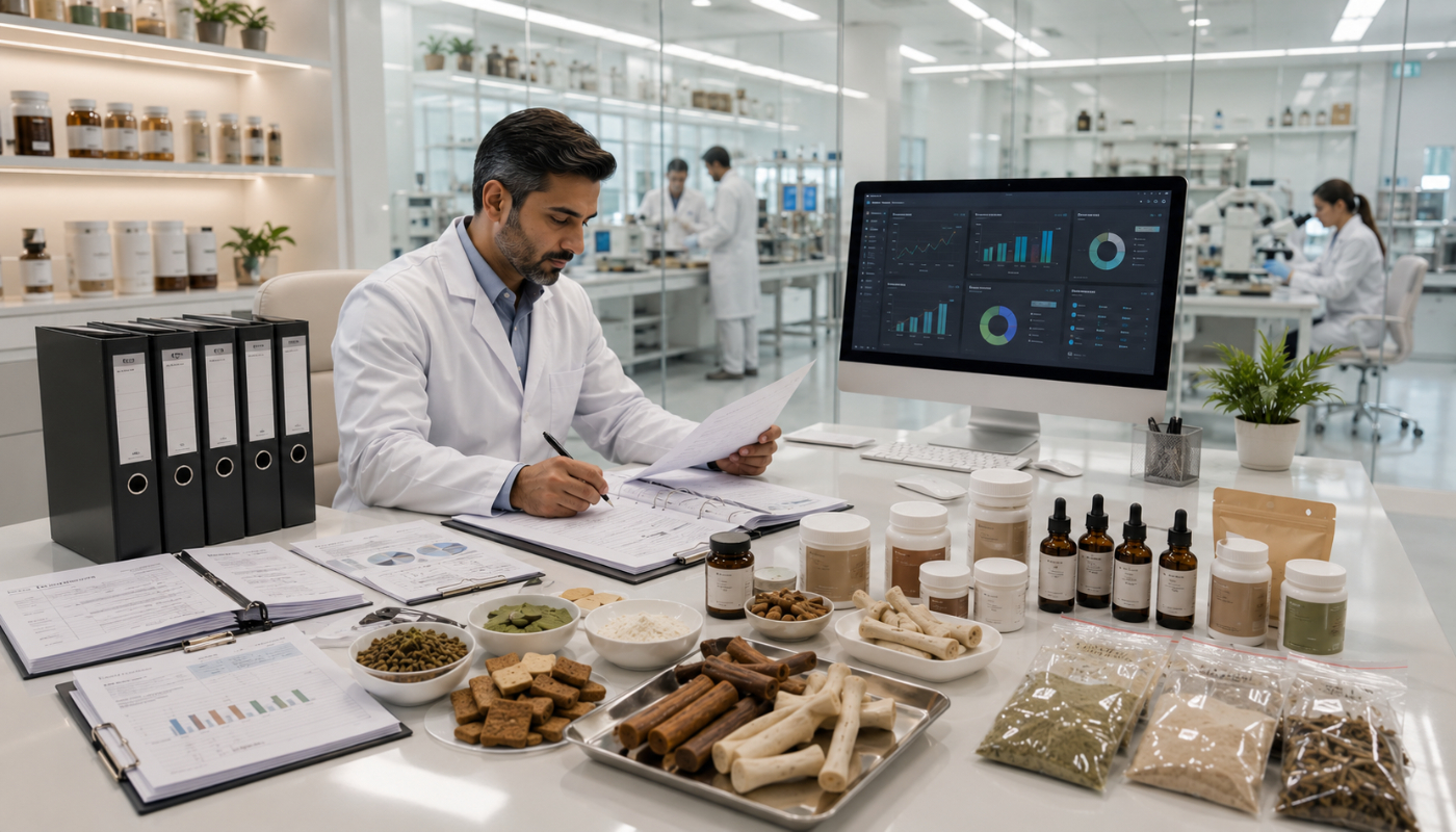 Quality assurance specialist reviewing manufacturing records, laboratory testing reports, export documentation, and batch approval documents for private label pet supplements.