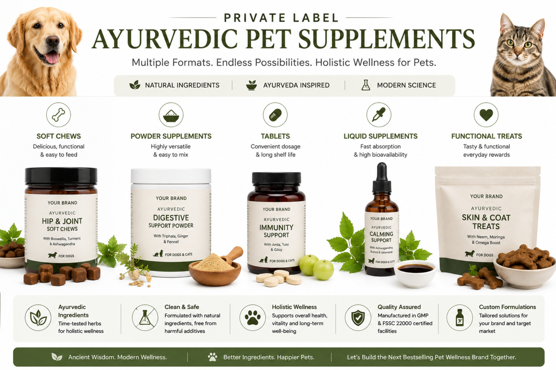 Private-label Ayurvedic pet supplement formats including soft chews, powders, tablets, liquids and functional treats.